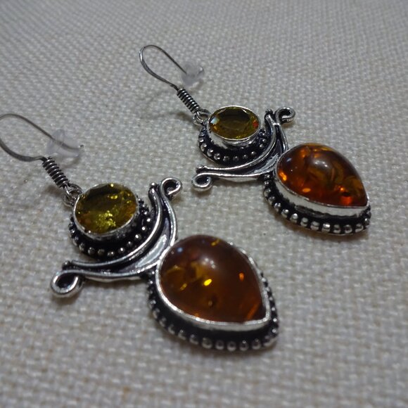 Stunning AMBER & CITRINE Handmade Sterling Dangle Earrings #784B - Picture 1 of 3